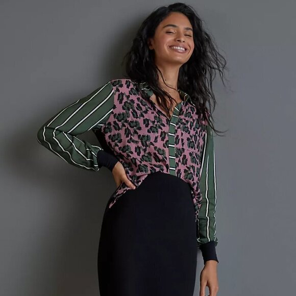 Anthropologie Tiny Dulcie Cheetah Stripe Solid V-neck Buttondown, size Small - Picture 1 of 16